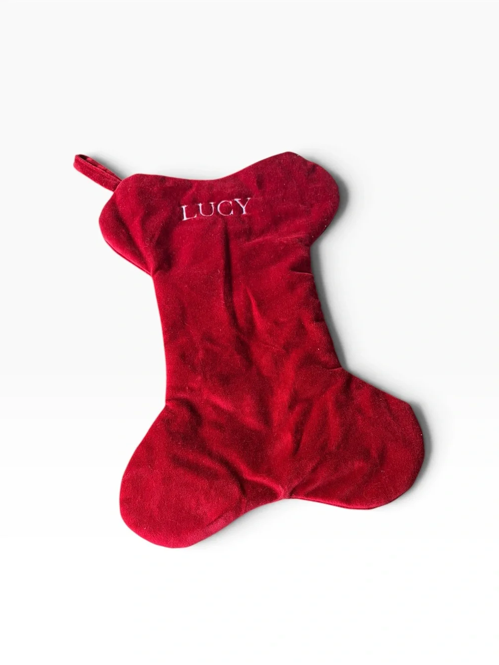 Pottery Barn “Lucy” Velvet Dog Stocking and “Lucy” Stocking Holder Engraved